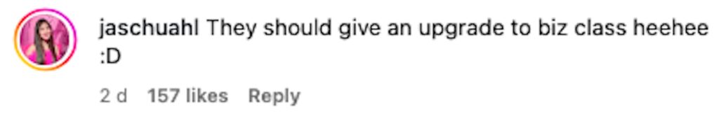 Social media comment on the post of Adeline sharing footage of liquid suddenly leaking from an overhead locker mid-flight, from Korea to Singapore on Singapore Airlines.