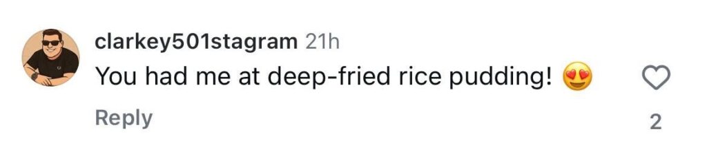 Social media comment on the post of Melanie Blatt prepares deep-fried rice pudding burger, topped with caramelised cinnamon apples and served with chocolate dipping sauce.