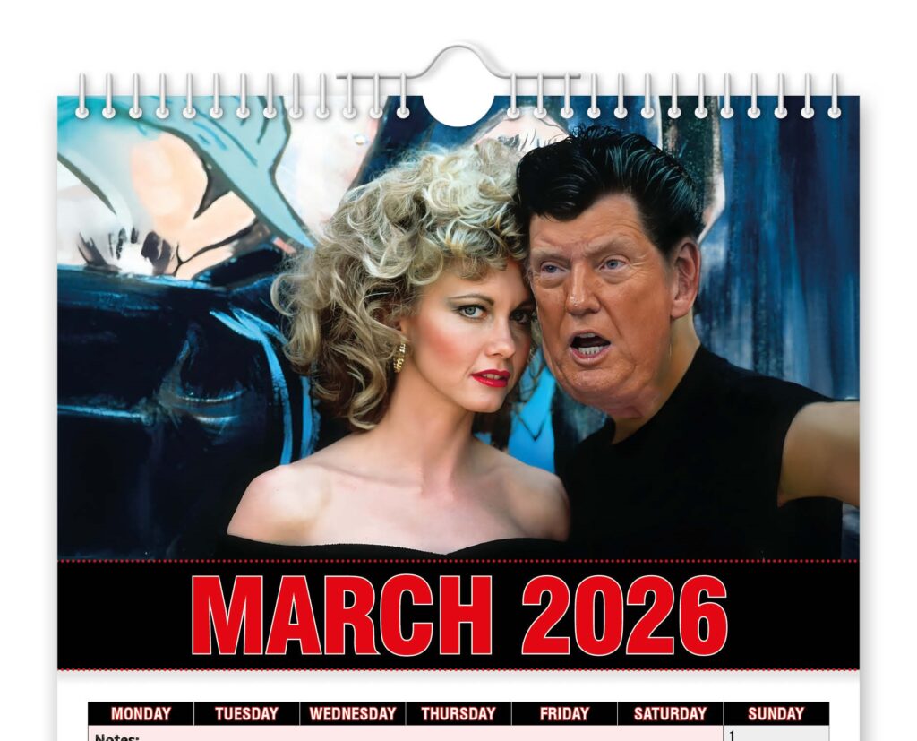 Donald Trump is hilariously reimagined as John Travolta in a 2026 novelty calendar featuring iconic film looks from Grease to Pulp Fiction for a quirky collectible.