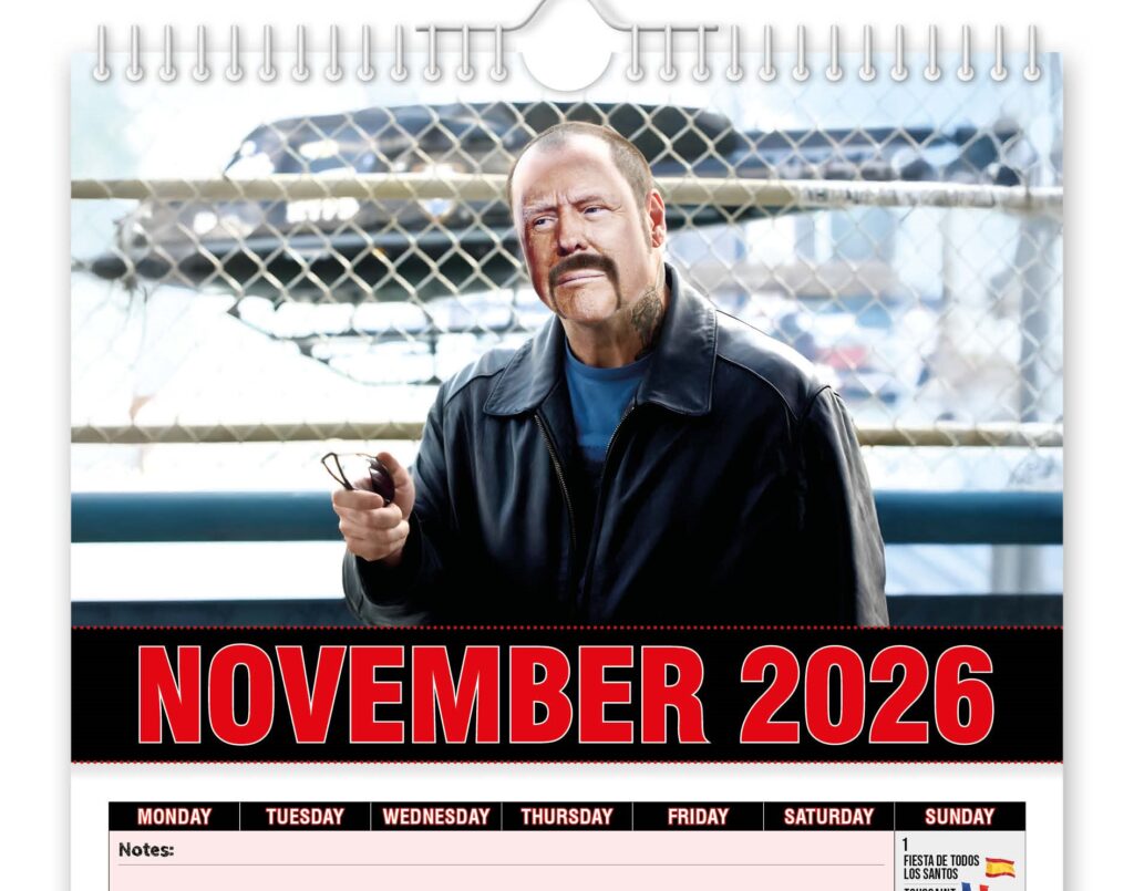 Donald Trump is hilariously reimagined as John Travolta in a 2026 novelty calendar featuring iconic film looks from Grease to Pulp Fiction for a quirky collectible.