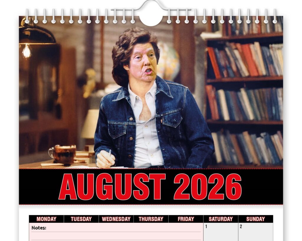Donald Trump is hilariously reimagined as John Travolta in a 2026 novelty calendar featuring iconic film looks from Grease to Pulp Fiction for a quirky collectible.