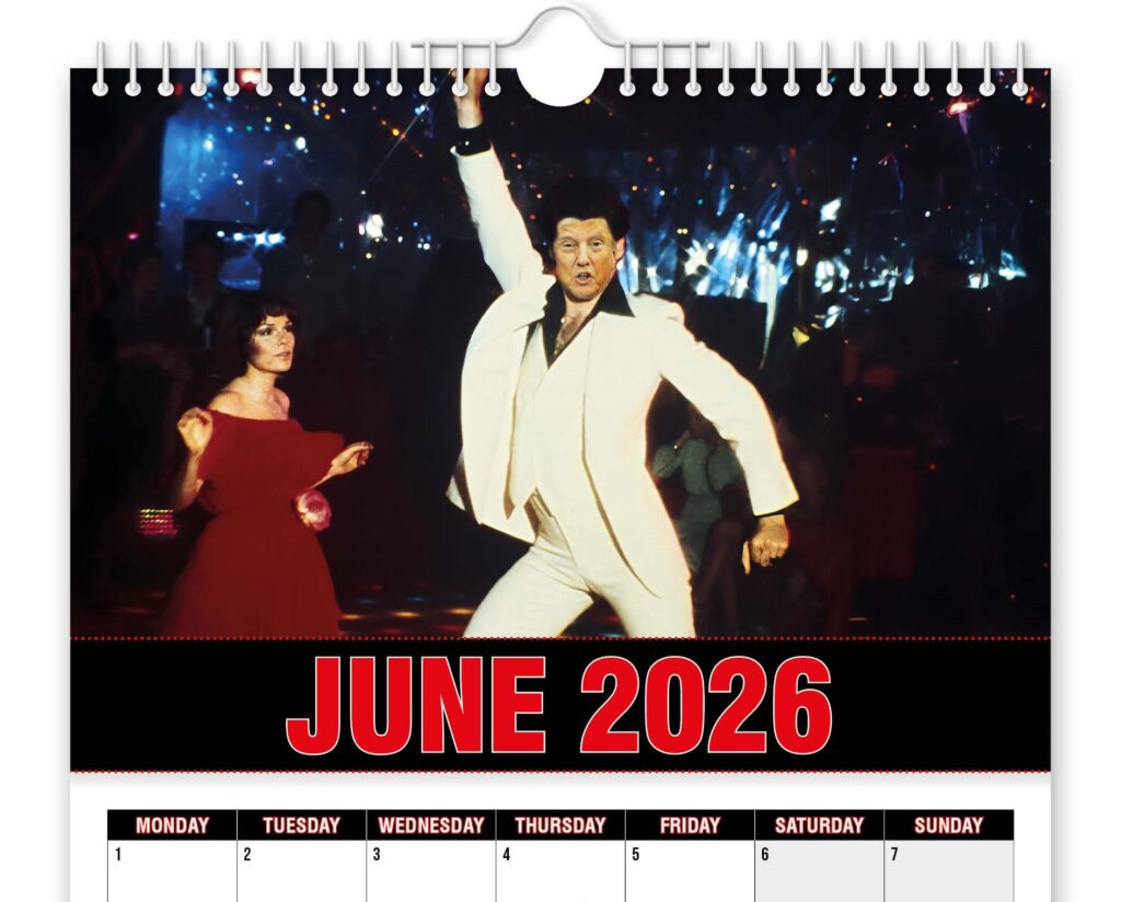 Donald Trump is hilariously reimagined as John Travolta in a 2026 novelty calendar featuring iconic film looks from Grease to Pulp Fiction for a quirky collectible.