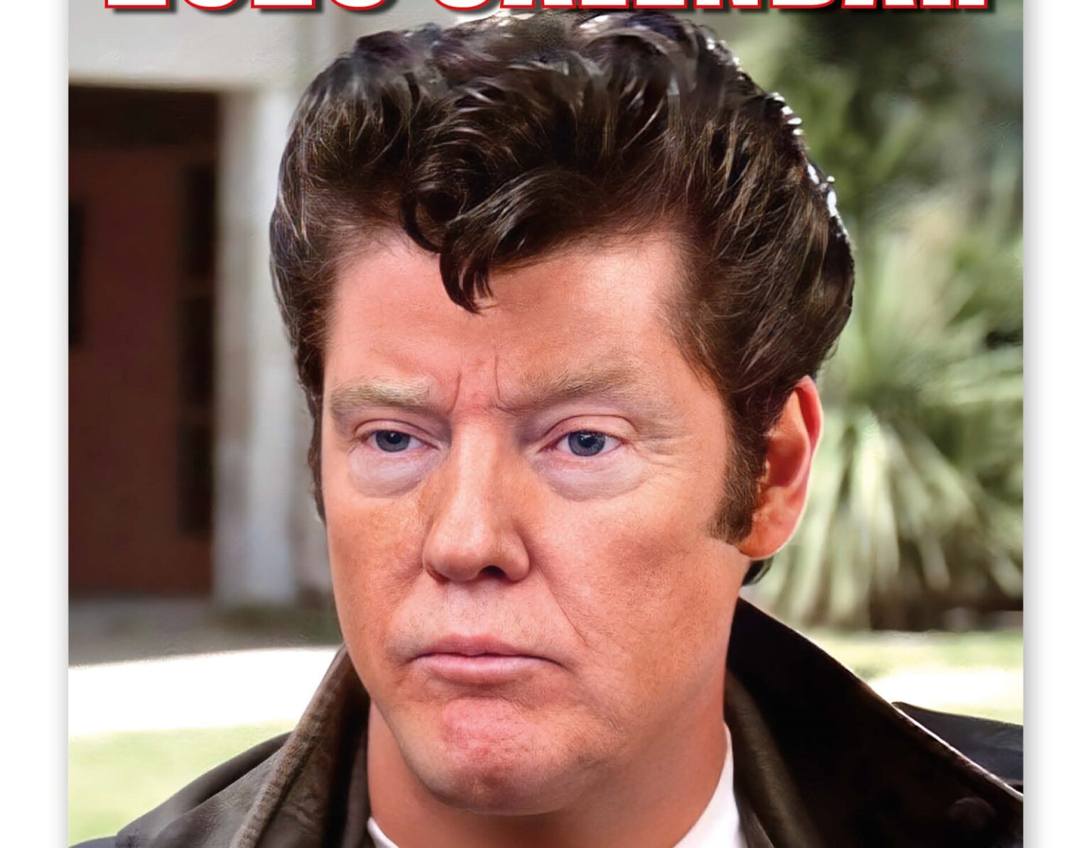 Donald Trump is hilariously reimagined as John Travolta in a 2026 novelty calendar featuring iconic film looks from Grease to Pulp Fiction for a quirky collectible.