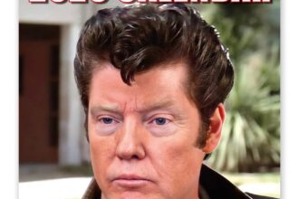 Donald Trump is hilariously reimagined as John Travolta in a 2026 novelty calendar featuring iconic film looks from Grease to Pulp Fiction for a quirky collectible.