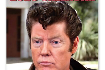 Donald Trump is hilariously reimagined as John Travolta in a 2026 novelty calendar featuring iconic film looks from Grease to Pulp Fiction for a quirky collectible.