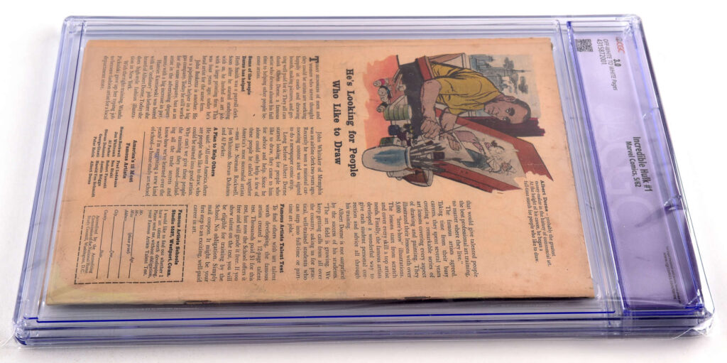 Rare restored copy of the first ever Hulk comic sells for 7150 pounds at Ewbank’s as iconic 1962 issue featuring Hulk’s debut goes under the hammer despite rips tears and missing staples.