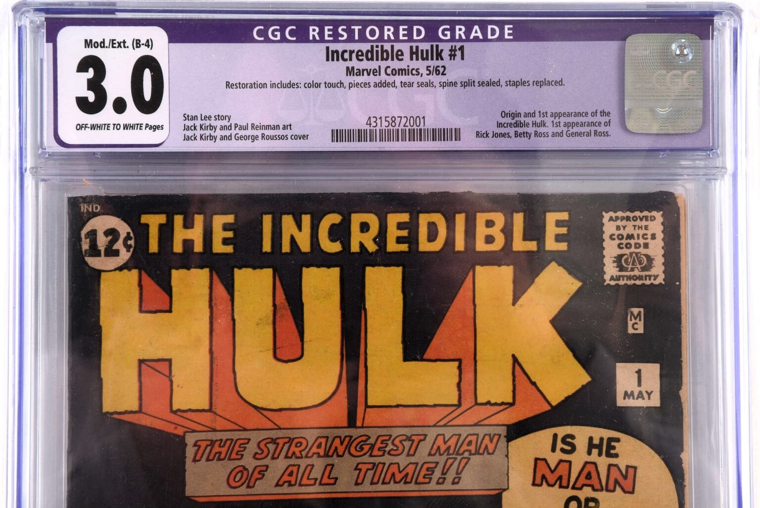 Rare restored copy of the first ever Hulk comic sells for 7150 pounds at Ewbank’s as iconic 1962 issue featuring Hulk’s debut goes under the hammer despite rips tears and missing staples.