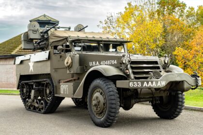 A restored 1942 M16 Half Track with quad 50 cal guns is for sale at 65000 pounds offering road legal WWII history with working turret and strong provenance today now.