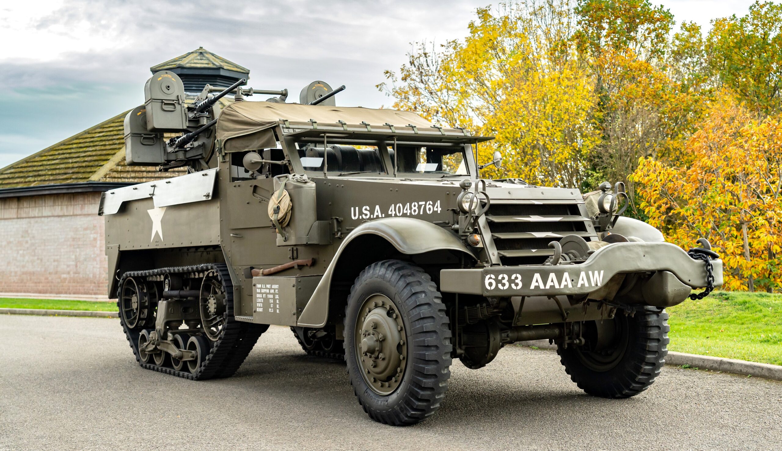 A restored 1942 M16 Half Track with quad 50 cal guns is for sale at 65000 pounds offering road legal WWII history with working turret and strong provenance today now.