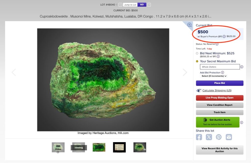 A rare green cuprosklodowskite mineral sample from the Congo is up for auction in Dallas with bids starting at $500 prized for its radioactive beauty and unique uranium rich crystal structure.