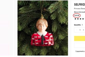 Selfridges faces mockery over a 40 pound Princess Diana bauble as shoppers say it looks like Clare Balding in a Christmas jumper sparking viral reactions to the festive royal decoration.