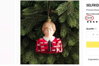 Selfridges faces mockery over a 40 pound Princess Diana bauble as shoppers say it looks like Clare Balding in a Christmas jumper sparking viral reactions to the festive royal decoration.
