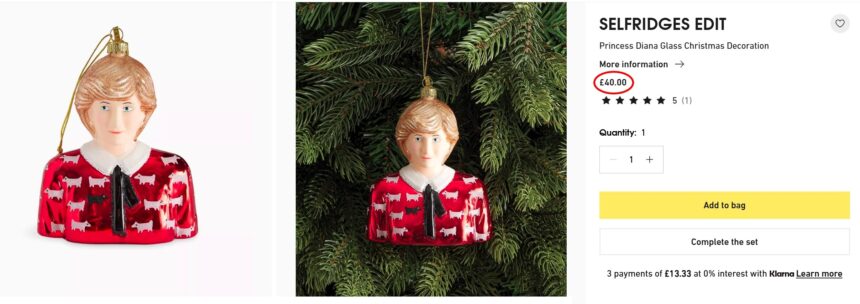 Selfridges faces mockery over a 40 pound Princess Diana bauble as shoppers say it looks like Clare Balding in a Christmas jumper sparking viral reactions to the festive royal decoration.