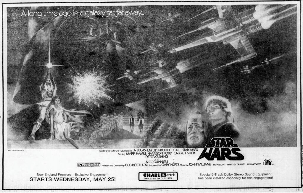 The poster of the iconic 1977 film, now called Star Wars Episode IV: A New Hope, featuring Luke Skywalker, Princess Leia, Darth Vader, R2-D2, C-3PO and Obi-Wan Kenobi.
