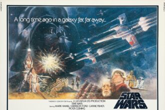 The poster of the iconic 1977 film, now called Star Wars Episode IV: A New Hope, featuring Luke Skywalker, Princess Leia, Darth Vader, R2-D2, C-3PO and Obi-Wan Kenobi.