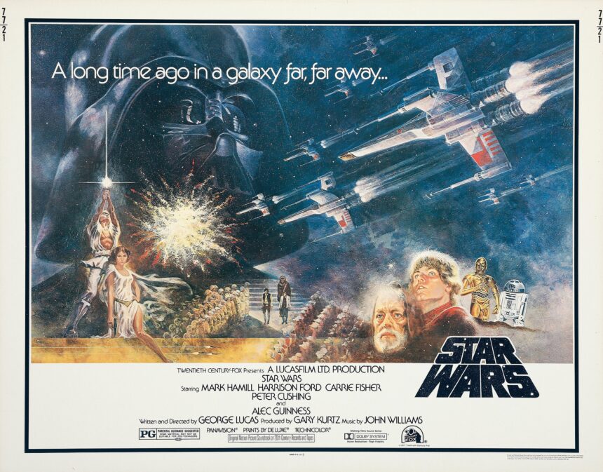 The poster of the iconic 1977 film, now called Star Wars Episode IV: A New Hope, featuring Luke Skywalker, Princess Leia, Darth Vader, R2-D2, C-3PO and Obi-Wan Kenobi.