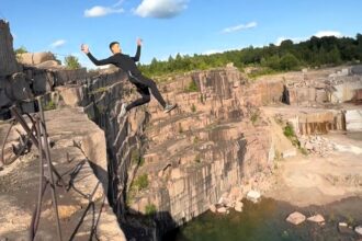 Teen daredevil Charles Gaudreault continues extreme cliff jumps despite his mum’s fears as the Montreal stunt star goes viral with 22 metre needle thread leaps and record breaking adrenaline feats.