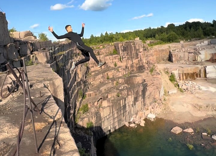 Teen daredevil Charles Gaudreault continues extreme cliff jumps despite his mum’s fears as the Montreal stunt star goes viral with 22 metre needle thread leaps and record breaking adrenaline feats.