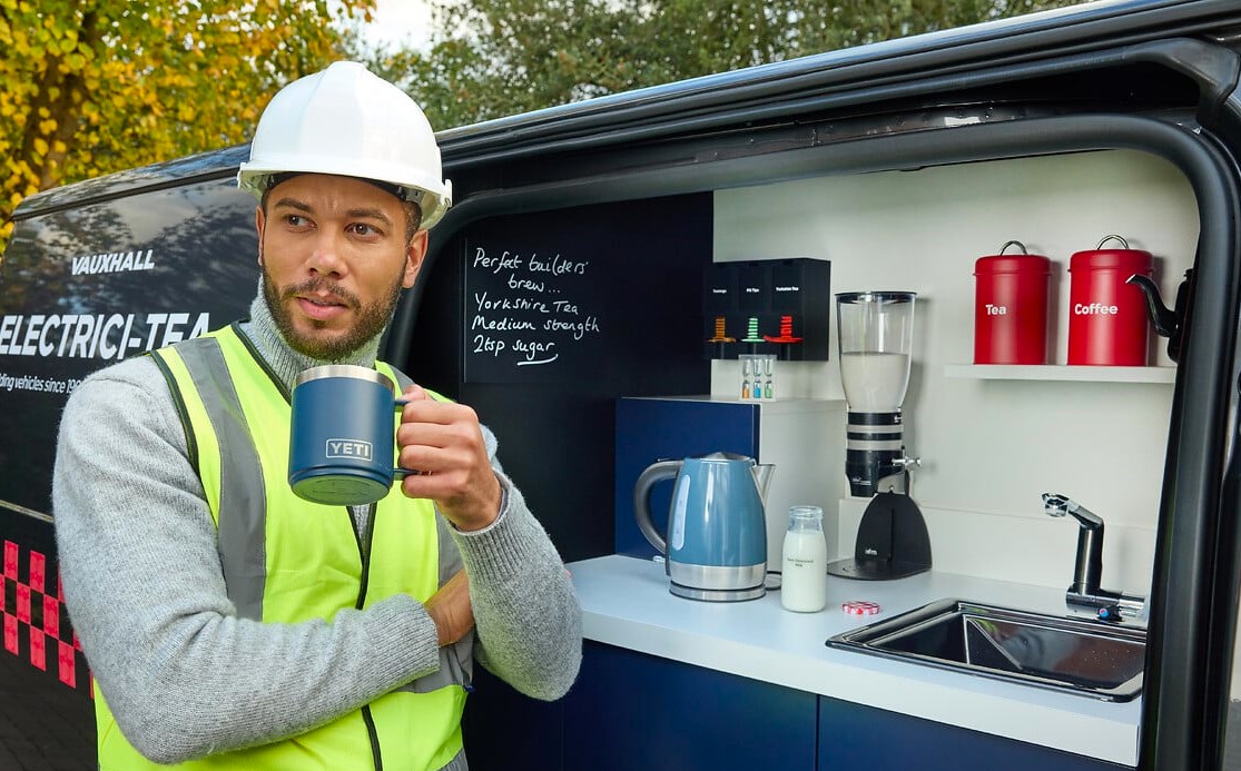 Vauxhall unveils electric Vivaro with built in tea station giving tradies a kettle fridge and sink for perfect brews on the go plus a 219 mile range.