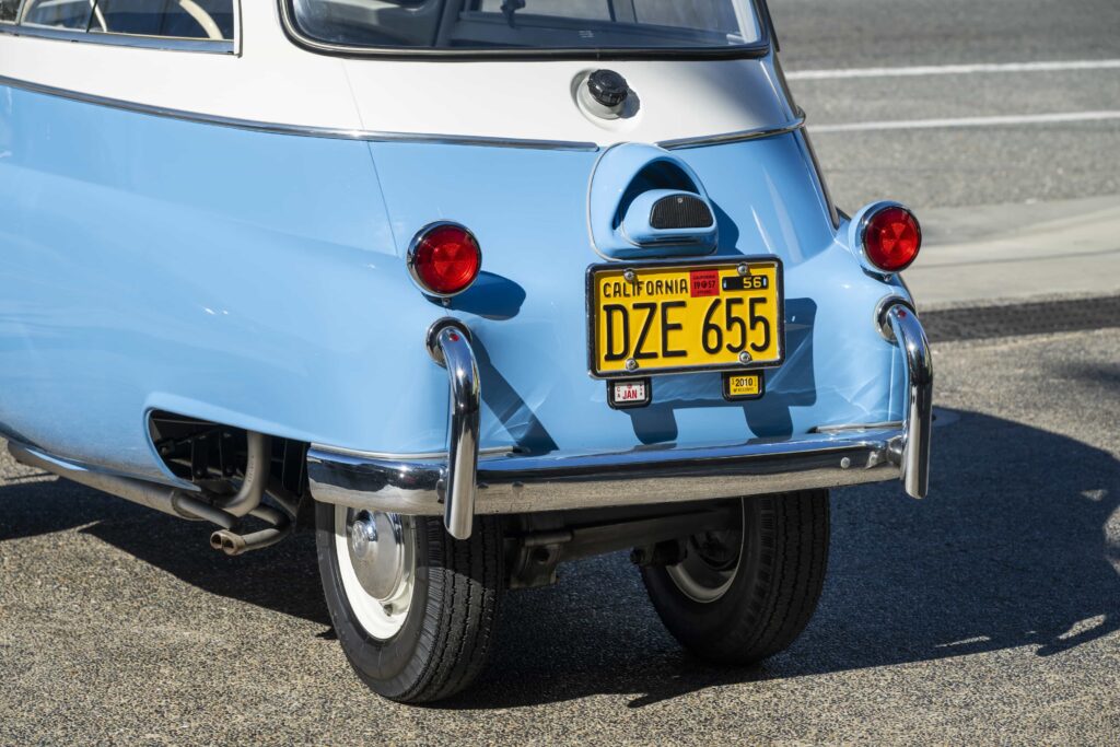 A charming 1957 BMW Isetta 300 microcar expected at 22000 pounds offers restored blue and white style 53mph top speed and classic appeal ahead of its RM Sotheby’s auction today.