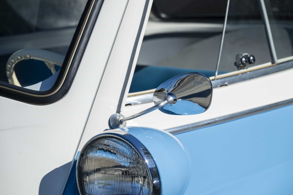A charming 1957 BMW Isetta 300 microcar expected at 22000 pounds offers restored blue and white style 53mph top speed and classic appeal ahead of its RM Sotheby’s auction today.