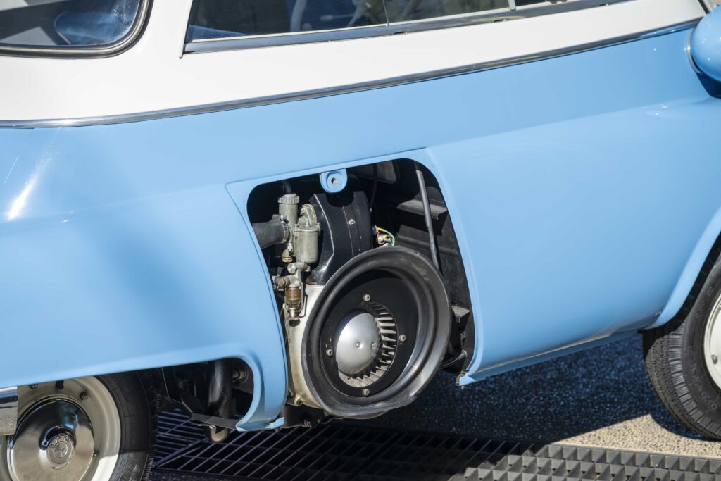 A charming 1957 BMW Isetta 300 microcar expected at 22000 pounds offers restored blue and white style 53mph top speed and classic appeal ahead of its RM Sotheby’s auction today.