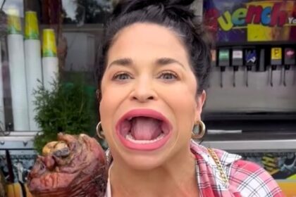 Former world record holder for largest mouth shocks fans by eating a whole pie in one bite. TikTok star with 3.8m followers turns her once-mocked feature into a superpower.