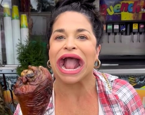 Former world record holder for largest mouth shocks fans by eating a whole pie in one bite. TikTok star with 3.8m followers turns her once-mocked feature into a superpower.