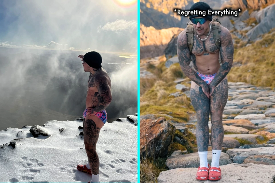 A British fitness coach stunned viewers by climbing Mount Snowdon in skimpy pants and Crocs battling snow and 40mph winds as part of a viral social media challenge.