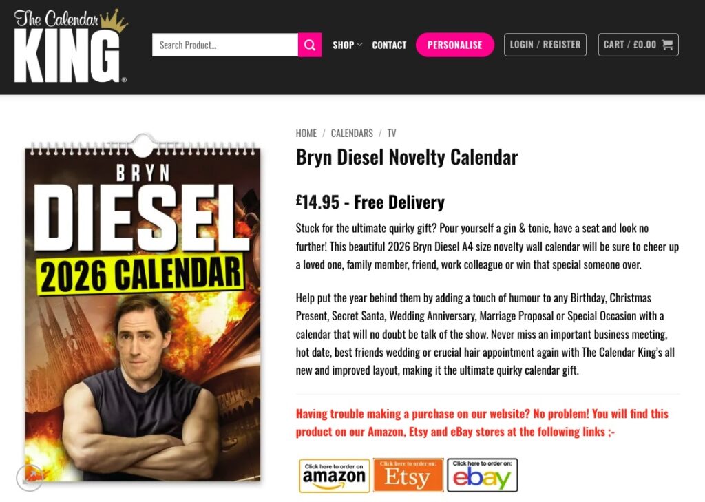 A quirky 2026 Bryn Diesel calendar hilariously blends Uncle Bryn with Vin Diesel iconic movie scenes-offering a fun novelty gift sure to spark laughs all year round.