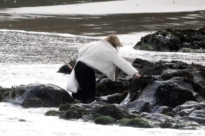 Christmas shopper soaked by rising tide in Newquay after shortcut across seaweed covered rocks goes wrong leaving her wet but safe as amused locals react to the festive mishap.