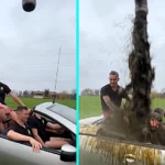Three farmers drench themselves in manure in a convertible to promote festival beer tent viral stunt in Germany hits millions showing rural humour bold creativity and scrappy marketing.
