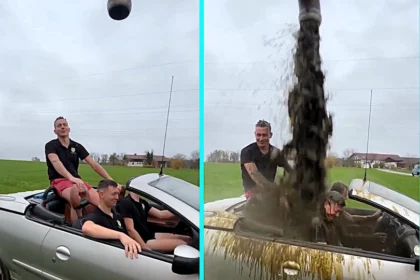 Three farmers drench themselves in manure in a convertible to promote festival beer tent viral stunt in Germany hits millions showing rural humour bold creativity and scrappy marketing.