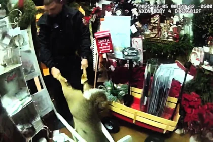 A deer smashed into a Tennessee Christmas shop racing past decorations before getting stuck under a chair as amused police gently dragged the festive intruder outside sparking laughs online.