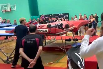 A Liverpool gymnast briefly knocked out mid routine rebounds minutes later to land a 14.0 difficulty record nine double somersaults and a triple stunning viewers with his determination.