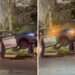 Baffled locals watch as a silver hatchback ends up balanced on a bent bollard in north London leaving wheels off the ground and jokes flying near Spurs stadium at rush hour.