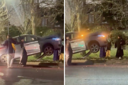 Baffled locals watch as a silver hatchback ends up balanced on a bent bollard in north London leaving wheels off the ground and jokes flying near Spurs stadium at rush hour.
