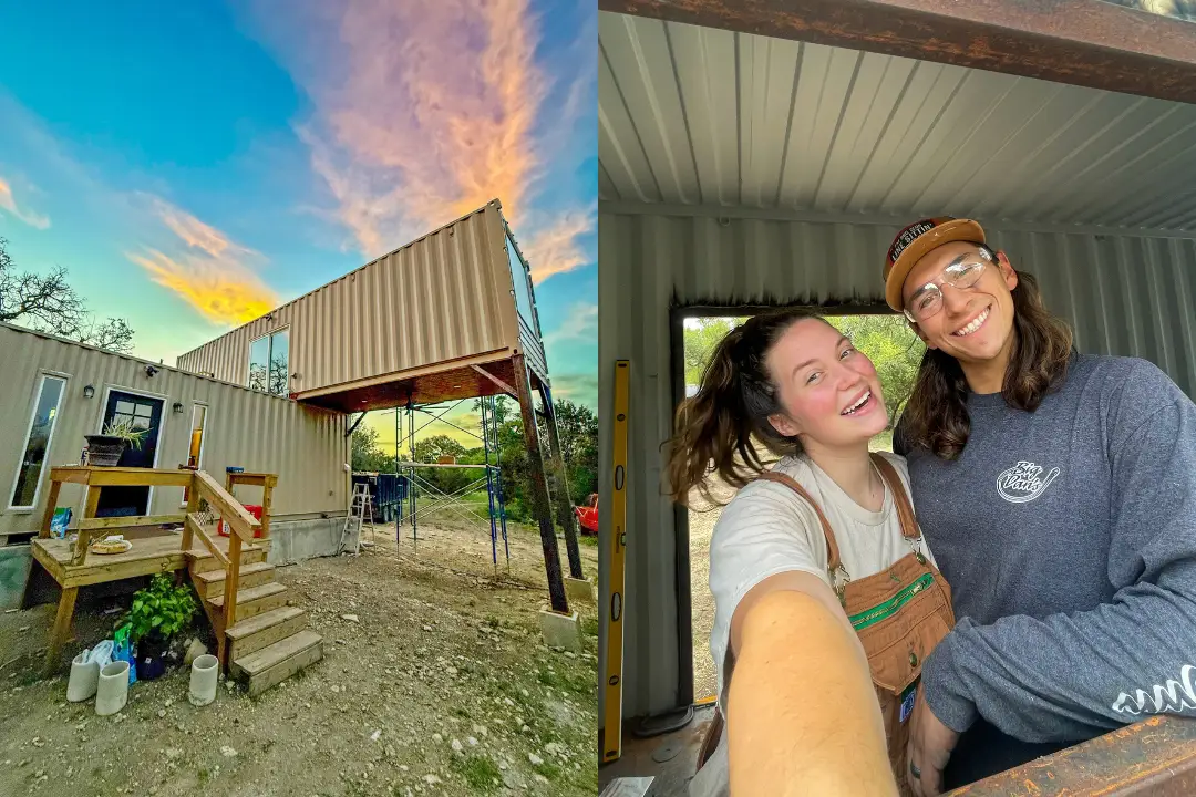 Influencer reveals stunning shipping container home with spiral staircase rooftop deck and sunrise views as couple turn $180k build into cosy sustainable dream Airbnb.