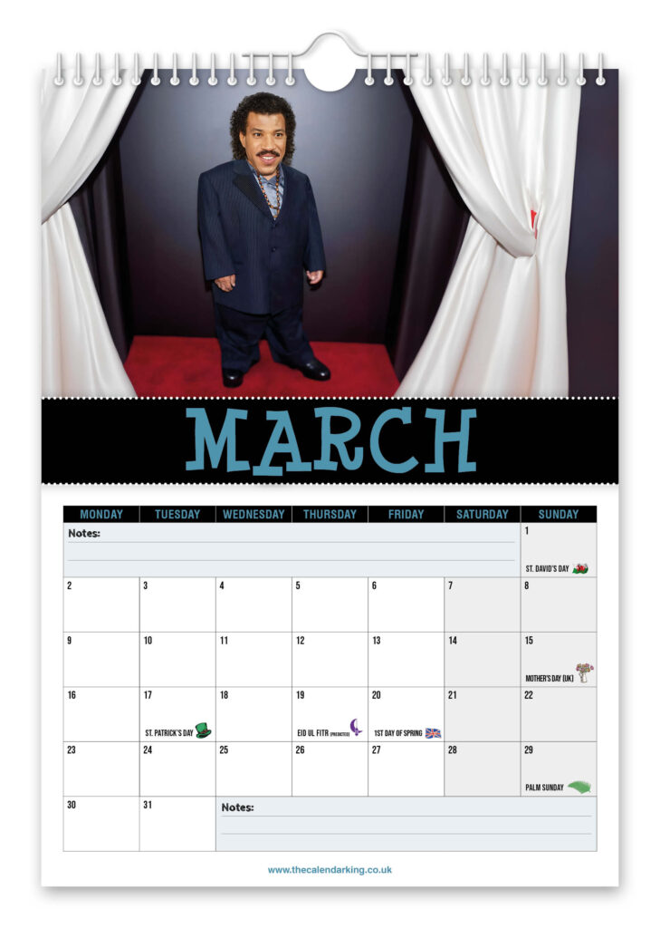 Pop icon Lionel Richie gets hilariously pint sized in a quirky 2026 novelty calendar featuring AI snaps from red carpets to tiny pianos perfect gift laughs worldwide fun.
