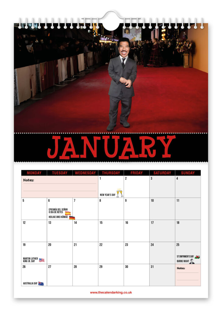Pop icon Lionel Richie gets hilariously pint sized in a quirky 2026 novelty calendar featuring AI snaps from red carpets to tiny pianos perfect gift laughs worldwide fun.