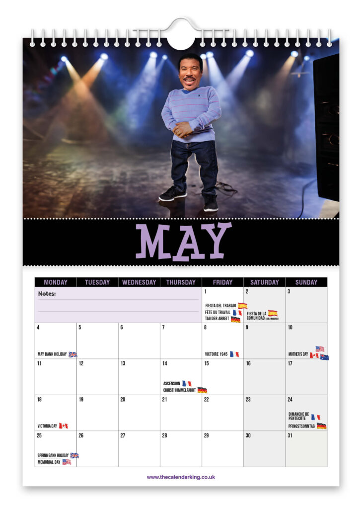 Pop icon Lionel Richie gets hilariously pint sized in a quirky 2026 novelty calendar featuring AI snaps from red carpets to tiny pianos perfect gift laughs worldwide fun.