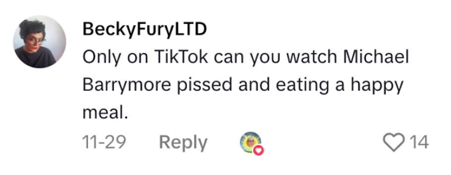 Social media comment on the post of Michael Barrymore leaves fans in stitches with a chaotic expletive filled review of McDonald’s new Grinch menu as he samples the items dances in the queue and delights viewers with his trademark humour.