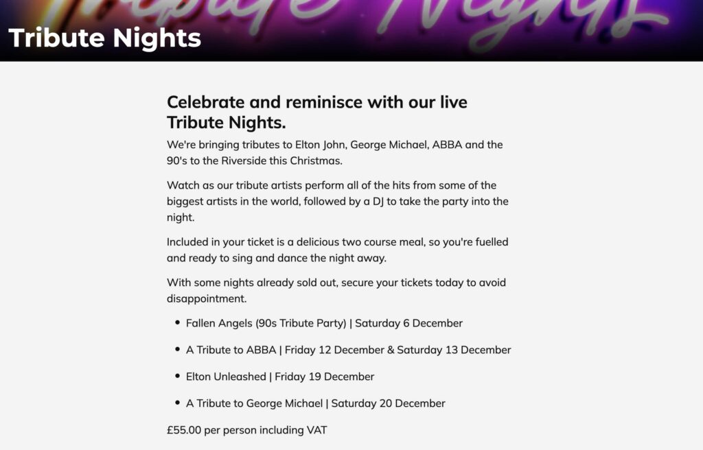 Middlesbrough FC to host a 55 pound George Michael tribute night with a two course meal and Christmas party atmosphere as fans enjoy festive hits at the Riverside Stadium on 20 December.