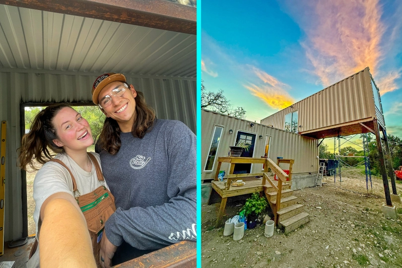A couple built a 624 sq ft shipping container home on 12.5 Texas acres for far less than traditional housing, with monthly bills of just £440 including water generated from air.
