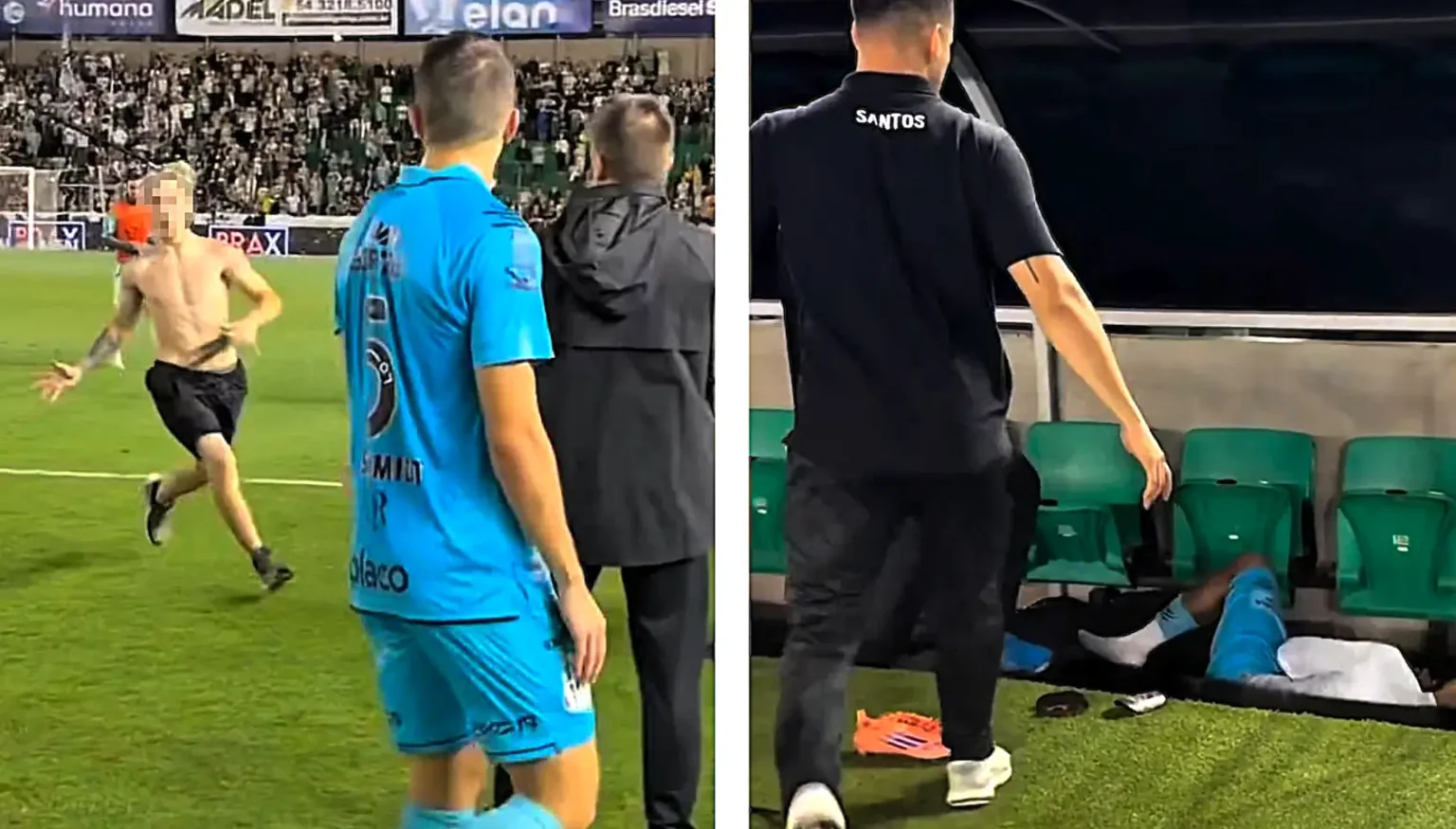 Pitch invader slips while chasing Neymar and crashes into defender Zé Ivaldo sending him into the dugout as Santos fans react to the viral football chaos moment.