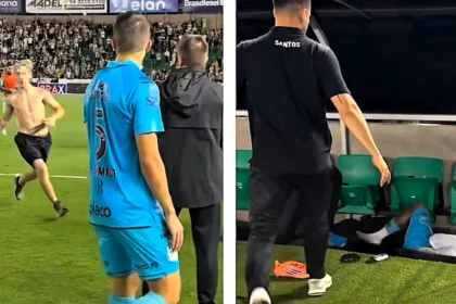 Pitch invader slips while chasing Neymar and crashes into defender Zé Ivaldo sending him into the dugout as Santos fans react to the viral football chaos moment.