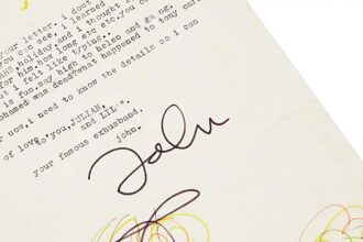 Rare 1974 typed letter from John Lennon to ex wife Cynthia sells for £18,000 featuring his signature doodle as he asks about summer plans with son Julian after their divorce.
