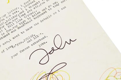 Rare 1974 typed letter from John Lennon to ex wife Cynthia sells for £18,000 featuring his signature doodle as he asks about summer plans with son Julian after their divorce.