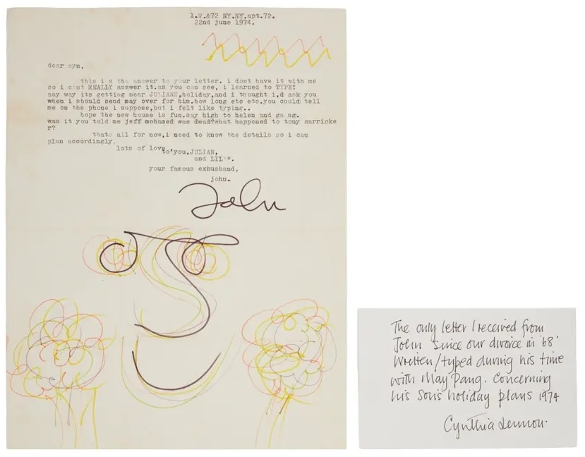 Rare 1974 typed letter from John Lennon to ex wife Cynthia sells for £18,000 featuring his signature doodle as he asks about summer plans with son Julian after their divorce.