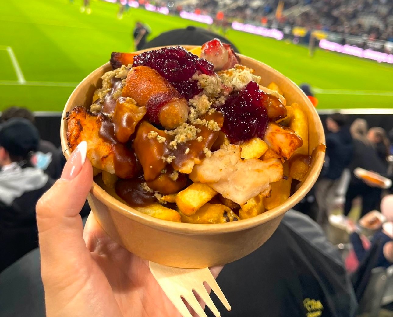 Newcastle serves festive loaded fries at St James Park for £9.80-chicken pigs in blankets stuffing cranberry and gravy delight fans as a quirky Christmas halftime treat.